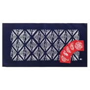 南部藩政時代に武家の間に用いられた衣類の図柄を生かしたオリジナル商品。南部古代型染　テーブルセンター（大）とコースター五枚のセット　小野染彩所・岩手県