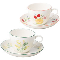 日比谷花壇 ペアカップ＆ソーサーセット(ミモザ・チューリップ)［北海道・沖縄県・離島 配送不可］