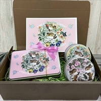 クッキー缶セット ウサギ花 〔角缶(アーモンドクッキー、ミニクッキー、ミニウサギクッキー)、丸缶(ミニクッキー、ミニウサギクッキー)×2、ポストカード×1〕