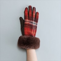 KURODA クロダ 女性用 タータンチェック フェイクファー ジャージグローブ タッチパネル対応 〔手囲いサイズ：21～22cm〕 手袋