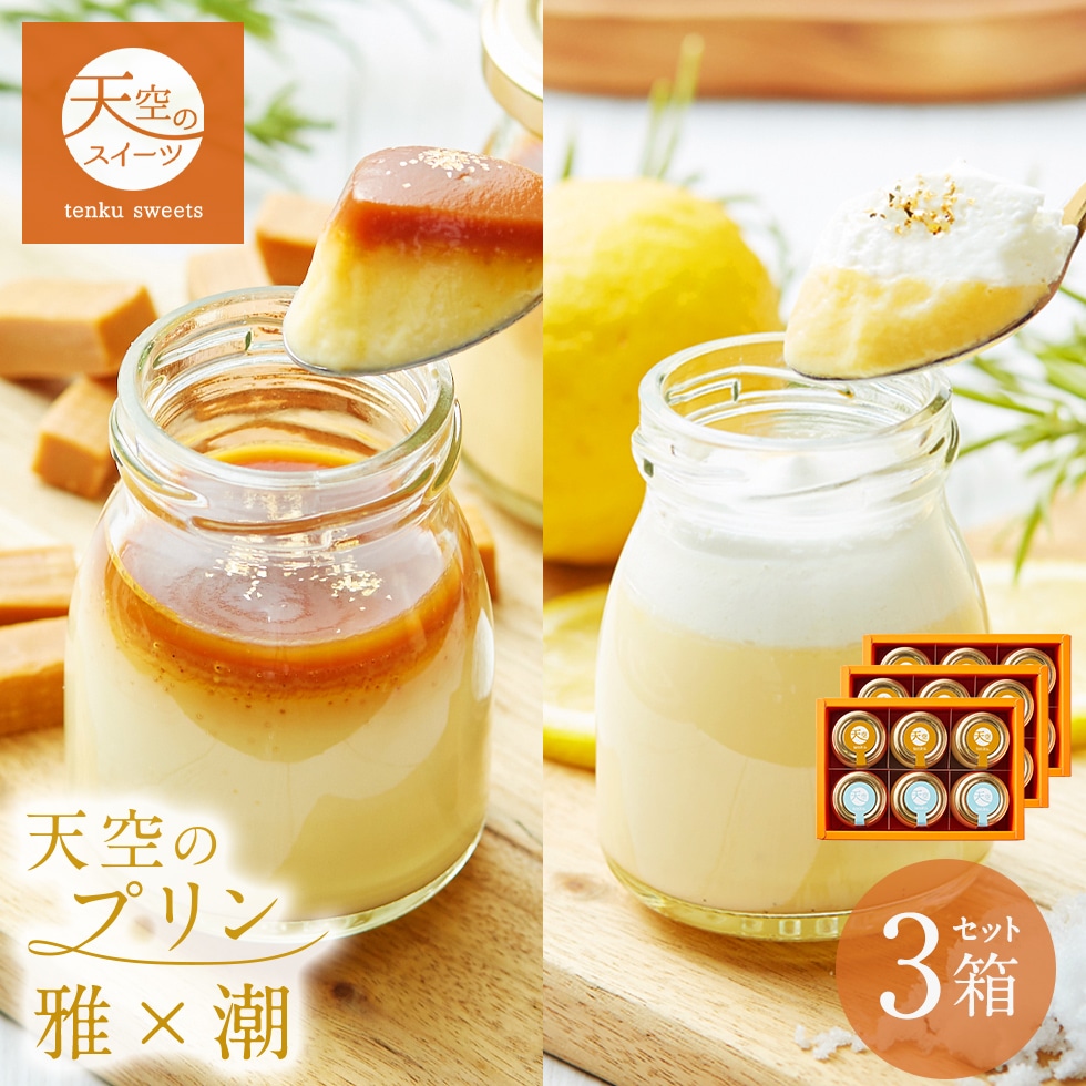 お歳暮 クリスマス 【 送料無料 ギフト 】 天空のプリン スイーツ 2024 バースデー 雅×潮 キャラメル 塩バニラ 6個入り 3箱セット 濃厚 最高級 プリン 誕生日 金箔 洋菓子 内祝い プレゼント 贈り物 瓶 詰め合