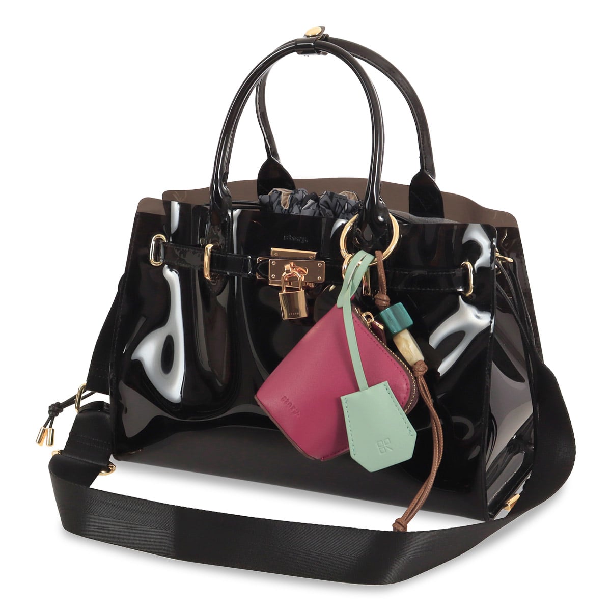 Story. ベルテッド ショルダーバッグ チャーム付 クリアバッグ ショルダーストラップ付属 撥水加工 2way トートバッグ リバーシブル巾着 3A-1790-3 ストーリー レディース ブラック