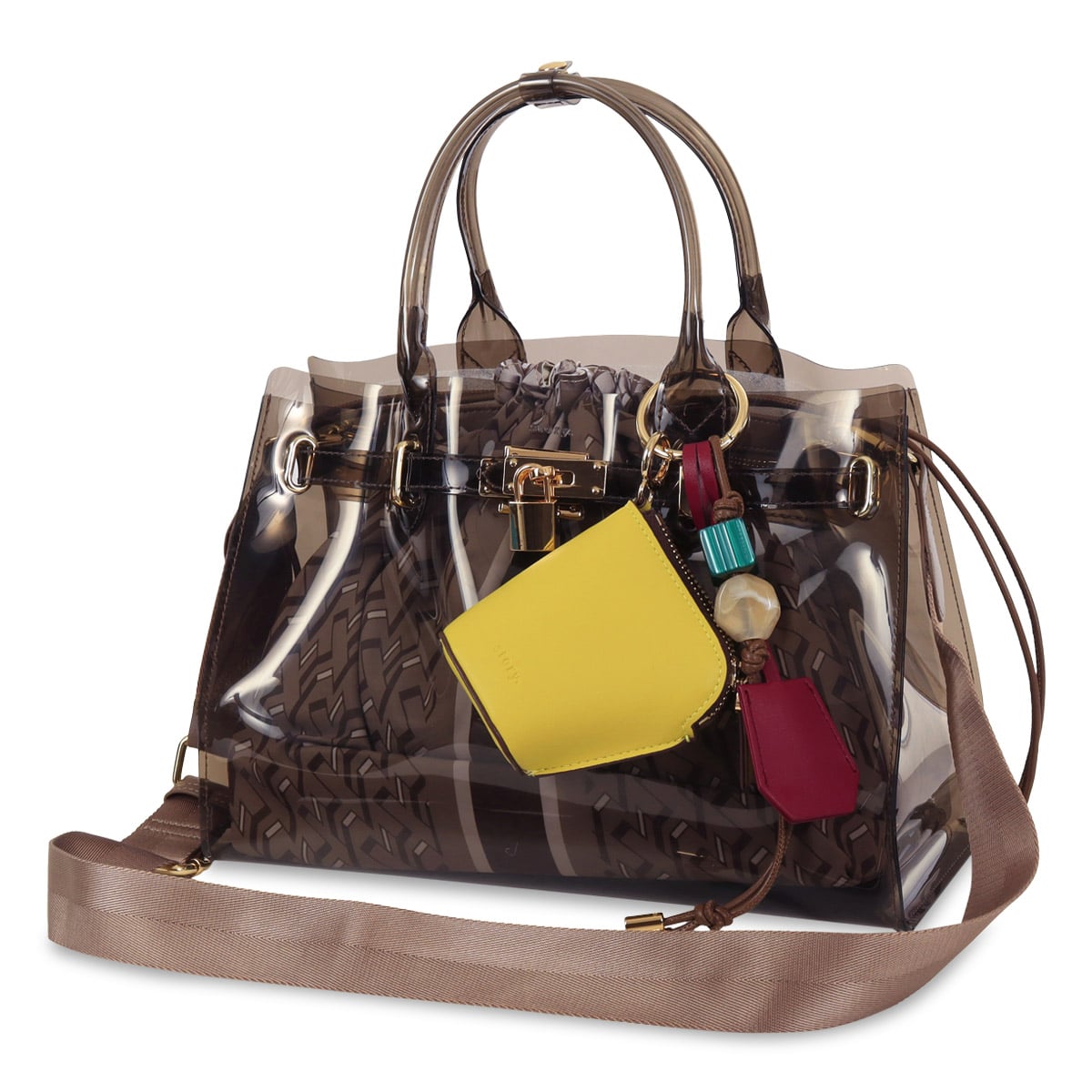 Story. ベルテッド ショルダーバッグ チャーム付 クリアバッグ ショルダーストラップ付属 撥水加工 2way トートバッグ リバーシブル巾着 3A-1790-3 ストーリー レディース モスグレー