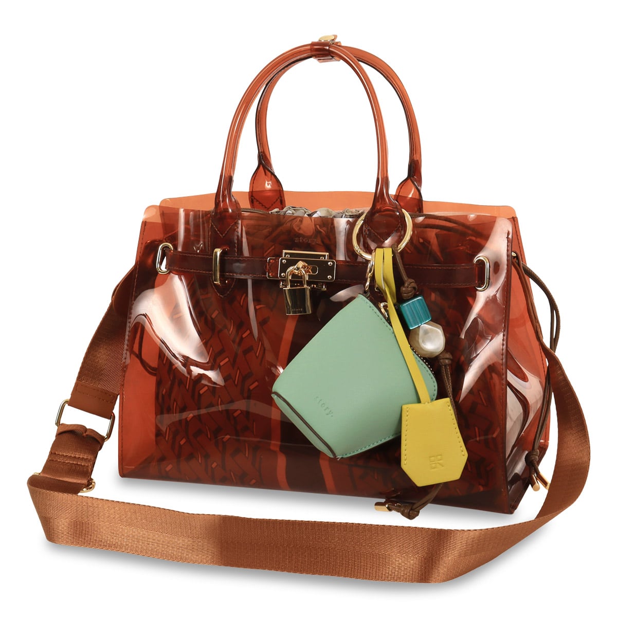 Story. ベルテッド ショルダーバッグ チャーム付 クリアバッグ ショルダーストラップ付属 撥水加工 2way トートバッグ リバーシブル巾着 3A-1790-3 ストーリー レディース ブラウン