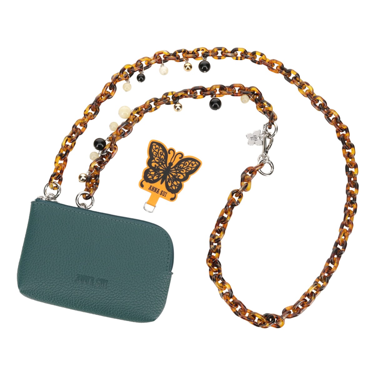 ANNA SUI アナスイ スマホショルダー ストラップ レディース ASスリング 317681 ハンドストラップ スマホストラップ 小銭入れ ポーチ 蝶 チェーン べっこう風 ビーズ スマホアクセサリー ブラウン