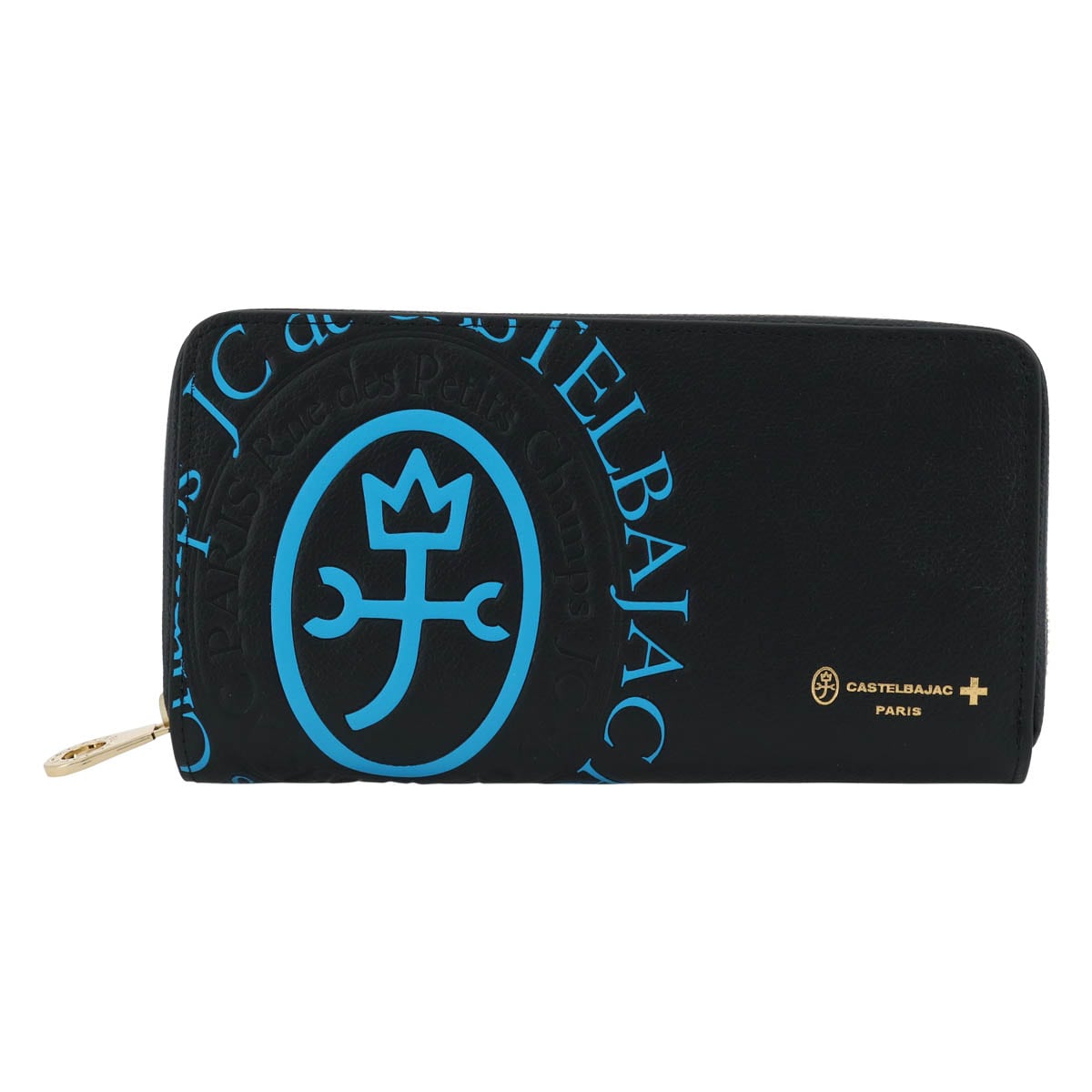 CASTELBAJAC カステルバジャック 長財布 ラウンドファスナー 本革 メンズ コメット 046603 大容量 大きめ 牛革 レザー 型押し エンボス ロゴ 厚い ブルー