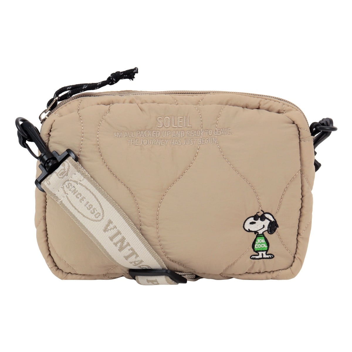 SNOOPY スヌーピー キルティング ショルダーバッグ 2way ポーチ 40806 軽量 PEANUTS ピーナッツ コンパクト フェス 旅行 刺繍 ショルダー取り外し可 グレージュ