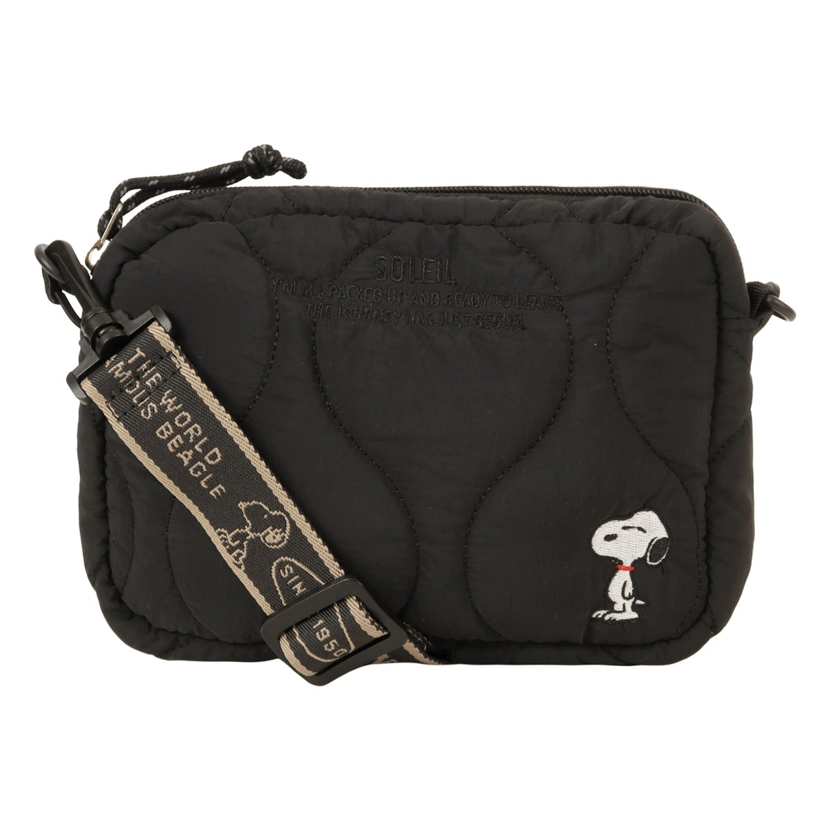 SNOOPY スヌーピー キルティング ショルダーバッグ 2way ポーチ 40806 軽量 PEANUTS ピーナッツ コンパクト フェス 旅行 刺繍 ショルダー取り外し可 ブラック