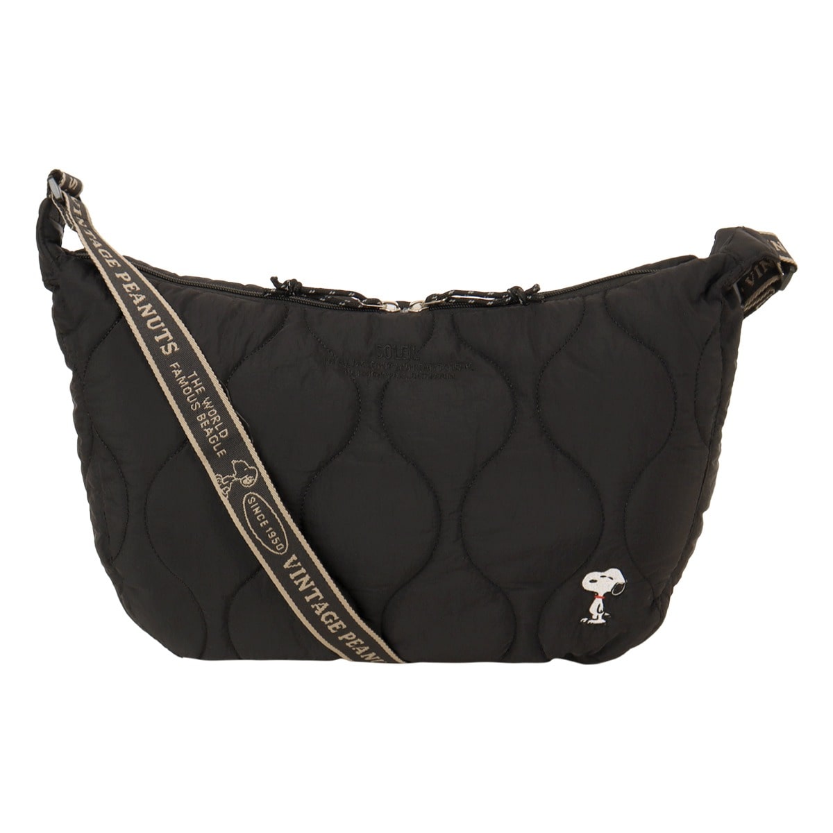 SNOOPY スヌーピー キルティング ショルダーバッグ A4 13インチ 40807 PEANUTS ピーナッツ 刺繍 軽量 大きめ ペットボトル収納 旅行 ブラック