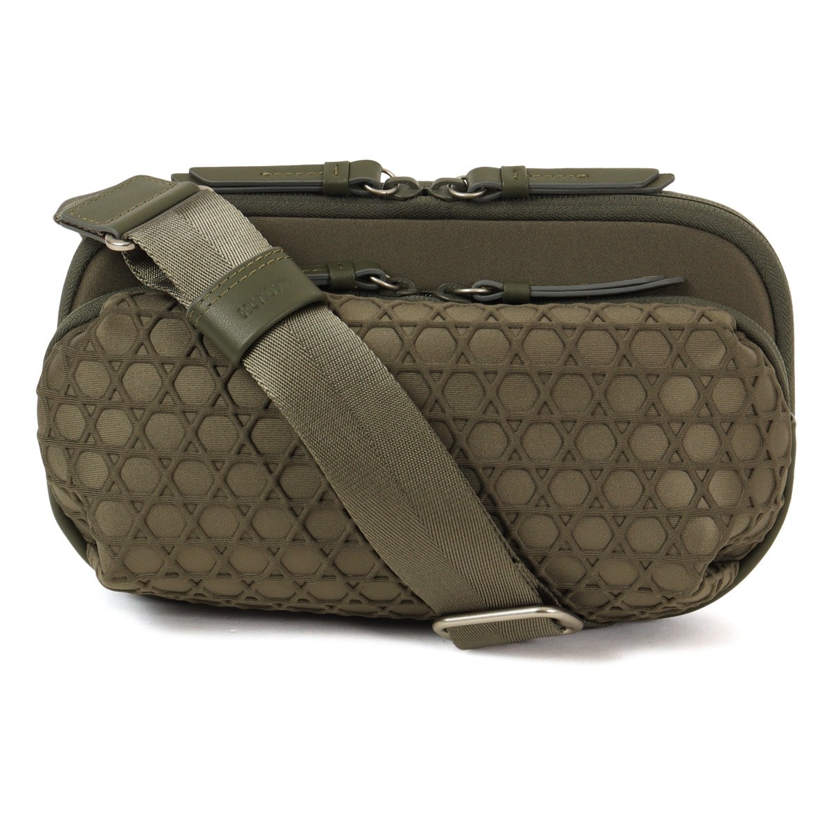 La quoh ラクーオ ショルダーバッグ ボディバッグ 2WAY 軽量 撥水 031605 籠目柄 ボンディング デイリーバッグ トラベルバッグ 旅行 貴重品 モスグリーン