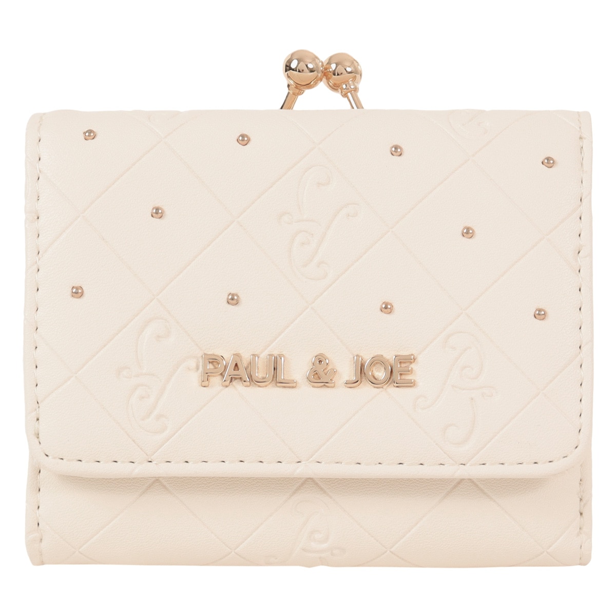 PAUL&JOE ACCESSOIRES ポールアンドジョーアクセソワ 二つ折り財布 がま口 レディース エンボス PJA-W1072 ミニ財布 チェック 型押し モノグラム ドット アイボリー