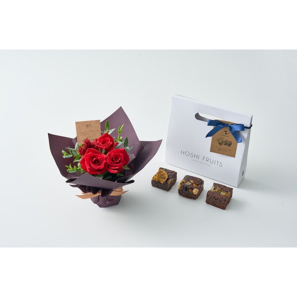 お中元 夏ギフト ギフト ホシファーム ミニアレンジメントルージュ＆ホシフルーツ贅沢ブラウニー3個 メーカー直送 花とお菓子 スイーツ おしゃれ かわいい 贈答品 内祝い 御中元 送料無料 敬老の日ギフト