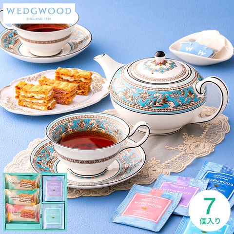 お菓子 内祝い ミルフイユ＆ウェッジウッドティーバッグセット 7個 WWJ-01A / スイーツ 洋菓子 ミルフイユ ミルフィーユ ティーバッグ 紅茶 手土産 おしゃれ 個包装 小分け お祝い 内祝い 出産内祝い 結婚内祝い 誕生日 プレゼント gws 敬老の日 お中元 夏ギフト 残暑見舞い