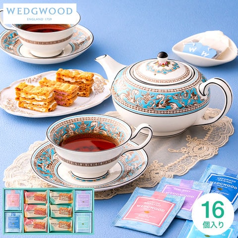 お菓子 内祝い ミルフイユ＆ウェッジウッドティーバッグセット 16個 WWJ-03A / スイーツ 洋菓子 ミルフイユ ミルフィーユ ティーバッグ 紅茶 手土産 おしゃれ 個包装 小分け お祝い 内祝い 出産内祝い 結婚内祝い 誕生日 プレゼント gws 敬老の日 お中元 夏ギフト 残暑見舞い