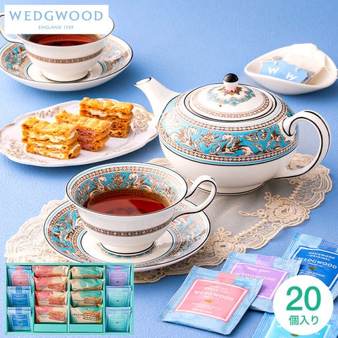 お菓子 内祝い ミルフイユ＆ウェッジウッドティーバッグセット 20個 WWJ-04A / スイーツ 洋菓子 ミルフイユ ミルフィーユ ティーバッグ 紅茶 手土産 おしゃれ 個包装 小分け お祝い 内祝い 出産内祝い 結婚内祝い 誕生日 プレゼント gws 敬老の日 お中元 夏ギフト 残暑見舞い