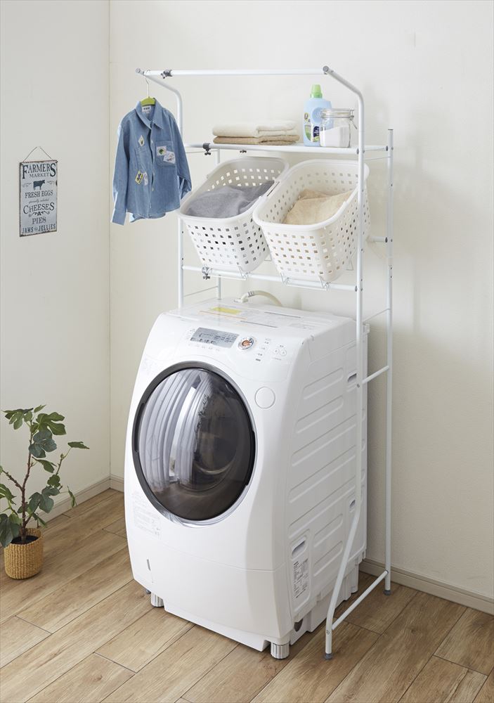 平安伸銅 L-4バスケット台付ランドリーラック ホワイト 洗面収納 ハンガーラック 洗濯収納