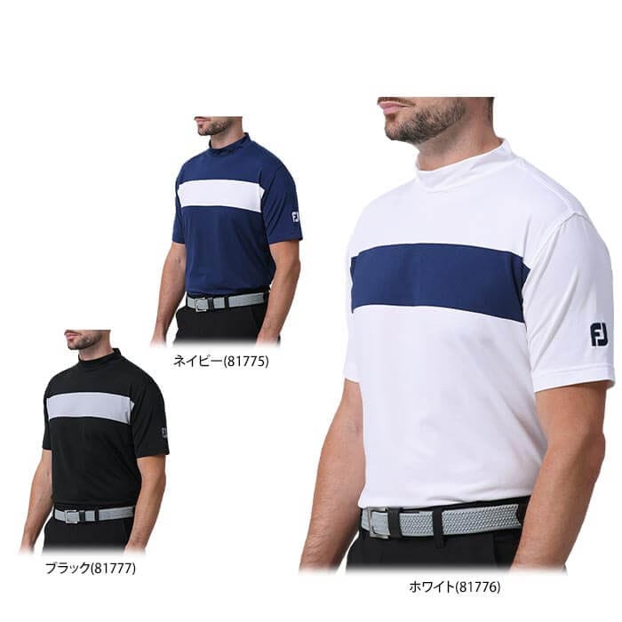 フットジョイ　メンズ ロゴ刺繍 配色ライン 4WAYストレッチ 半袖 モックネックシャツ FJ-S24-S23 [2024年春夏モデル] 特価