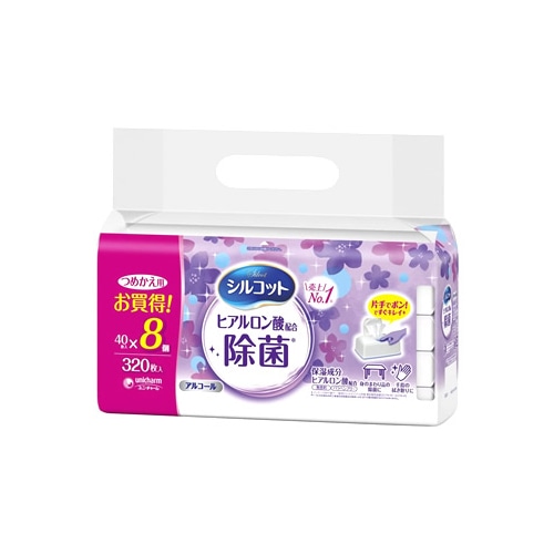 ユニチャーム シルコット 除菌ウェットティッシュ アルコールタイプ 保湿成分ヒアルロン酸配合 つめかえ用 (40枚×8個) 詰め替え用