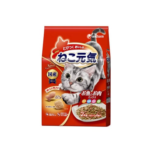 ユニチャーム ペットケア ねこ元気 お魚とお肉ミックス まぐろ・白身魚・チキン・緑黄色野菜入り (2kg) キャットフード