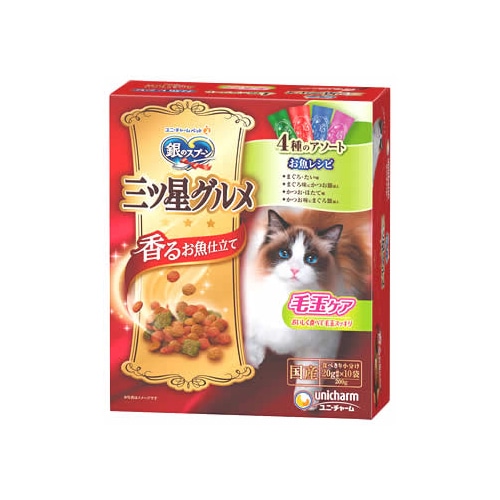ユニチャーム ペットケア 銀のスプーン 三ツ星グルメ 香るお魚仕立て 毛玉ケア 4種のアソート素材入り 鶏ささみレシピ (200g) キャットフード ドライ
