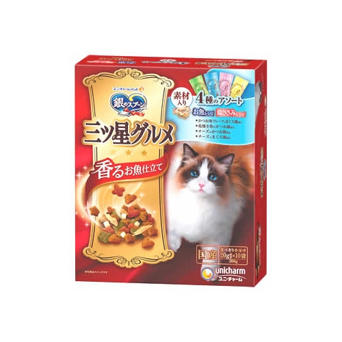 ユニチャーム ペットケア 銀のスプーン 三ツ星グルメ 香るお魚仕立て 毛玉ケア 4種のアソート素材入り お魚・鶏ささみレシピ (200g) キャットフード ドライ