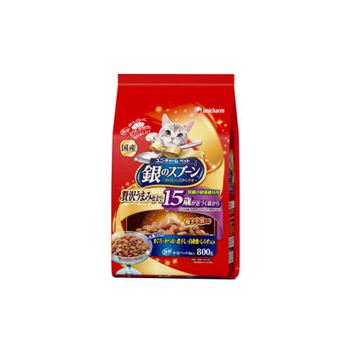 ユニチャーム ペットケア 銀のスプーン 贅沢うまみ仕立て 腎臓の健康維持用 15歳が近づく頃から お魚づくし (800g) キャットフード ドライ