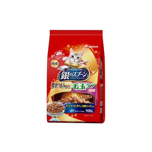 ユニチャーム ペットケア 銀のスプーン 贅沢うまみ仕立て 毛玉ケア お魚づくし (900g) キャットフード ドライ