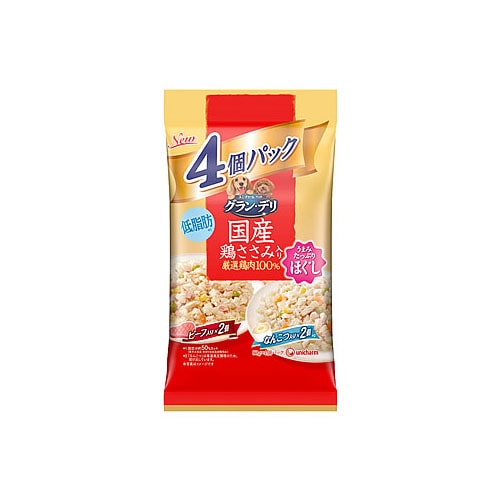 ユニチャーム　ペットケア　グラン・デリ　国産鶏ささみ入り　パウチ　ほぐし　成犬用　バラエティ　ビーフ入り・なんこつ入り　(80g×4個)　ドッグフード　レトルト