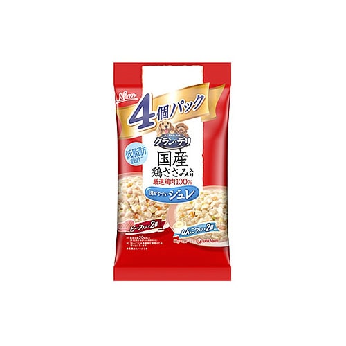 ユニチャーム　ペットケア　グラン・デリ　国産鶏ささみ入り　パウチ　ジュレ　成犬用　バラエティ　ビーフ入り・なんこつ入り　(80g×4個)　ドッグフード　レトルト