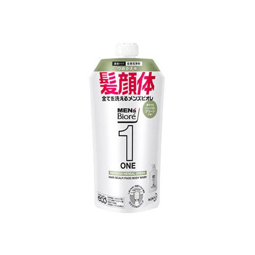 花王　メンズビオレ　ONE　オールインワン全身洗浄料　ハーバルグリーンの香り　つめかえ用　(340mL)　詰め替え用　顔・髪・体　ノンシリコン