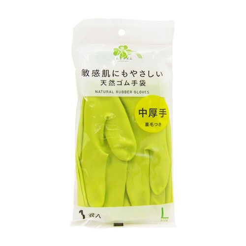 くらしリズム 天然ゴム手袋 中厚手 裏毛つき Lサイズ グリーン (1双入) 敏感肌にもやさしい