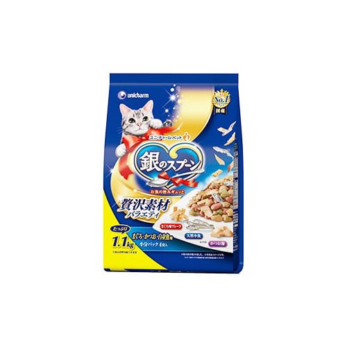ユニチャーム 銀のスプーン 贅沢素材バラエティ まぐろ・かつお・白身魚に天然小魚・かつお節・まぐろ味フレーク添え (1.1kg) キャットフード