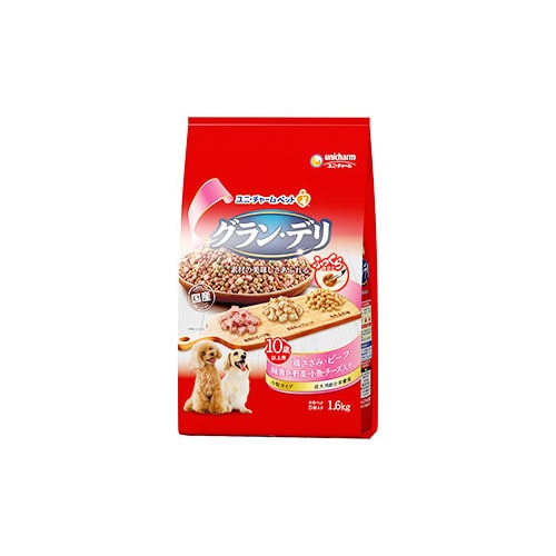ユニチャーム グラン・デリ ふっくら仕立て 10歳以上用 鶏ささみ・ビーフ・緑黄色野菜・小魚・チーズ・角切りビーフ粒入り (1.6kg)