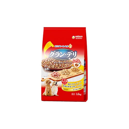 ユニチャーム グラン・デリ ふっくら仕立て 13歳以上用 鶏ささみ・ビーフ・緑黄色野菜・小魚・チーズ・角切りビーフ粒入り (1.6kg)