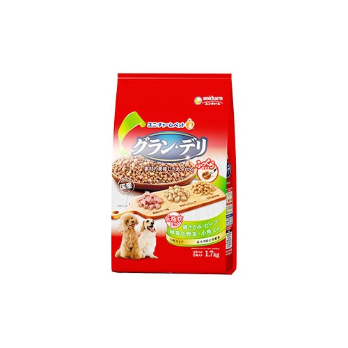 ユニチャーム グラン・デリ ふっくら仕立て 低脂肪 鶏ささみ・ビーフ・緑黄色野菜・小魚・角切りビーフ粒入り (1.7kg)