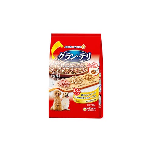 ユニチャーム ペットケア グラン・デリ ふっくら仕立て 13歳以上用 鶏ささみ・ビーフ・緑黄色野菜・小魚・チーズ・角切りビーフ粒入り (700g) ドッグフード