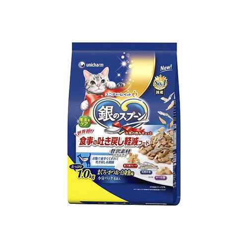 ユニチャーム 銀のスプーン 贅沢素材バラエティ 食事の吐き戻し軽減フード まぐろ・かつお・白身魚味に天然小魚・かつお節・まぐろ味フレーク添え (1.0kg) キャットフード
