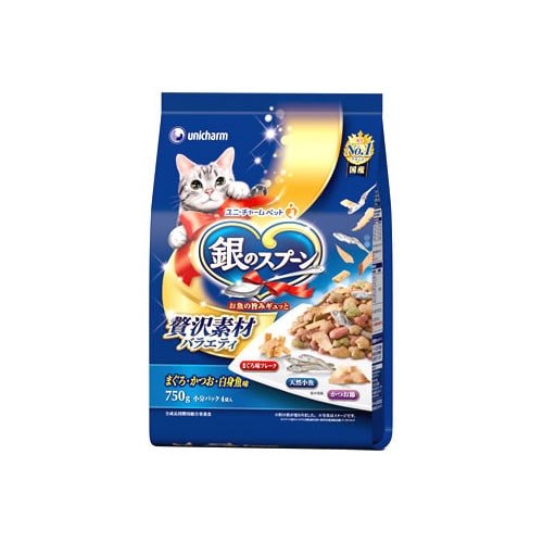 ユニチャーム 銀のスプーン 贅沢素材バラエティ まぐろ・かつお・白身魚味に天然小魚・かつお節・まぐろ味フレーク添え (750g) キャットフード