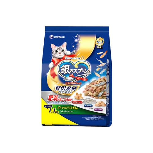 ユニチャーム 銀のスプーン 贅沢素材バラエティ 肥満が気になる猫用 まぐろ・かつお・ささみ・野菜味に天然小魚・かつお節・まぐろ味フレーク添え (1.1kg) キャットフード