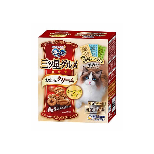 ユニチャーム ペットケア 銀のスプーン 三ツ星グルメ お魚味クリームシーフードレシピ3種のアソート (180g) キャットフード 成猫用