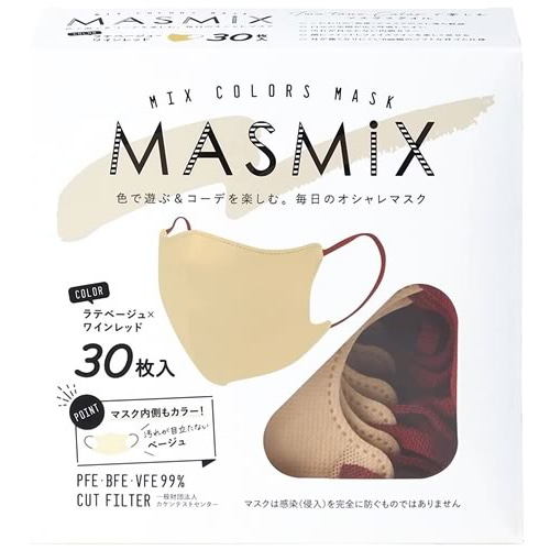 川本産業 カワモト マスミックス ツートーンカラーマスク 立体タイプ ラテベージュ×ワインレッド (30枚) MASMiX 大人用 マスク