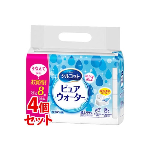 《セット販売》 ユニチャーム シルコット ピュアウォーター ウェットティッシュ つめかえ用 (58枚×8個)×4個セット 詰め替え用