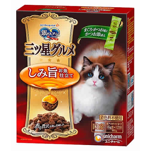ユニチャーム ペットケア 銀のスプーン 三ツ星グルメ しみ旨お魚仕立て まぐろ・かつお味にかつお節添え (192g) キャットフード 全成長段階用