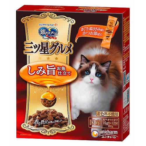 ユニチャーム ペットケア 銀のスプーン 三ツ星グルメ しみ旨お魚仕立て まぐろ・鶏ささみ味にかつお節添え (192g) キャットフード 全成長段階用