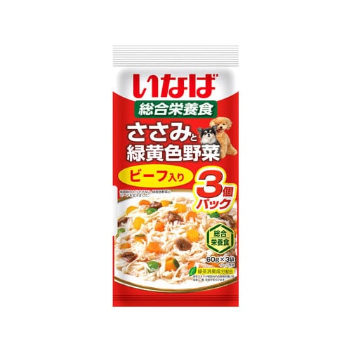 いなばペットフード ささみと緑黄色野菜 ビーフ入り (60g×3袋) 成犬用総合栄養食 ドッグフード パウチ レトルト