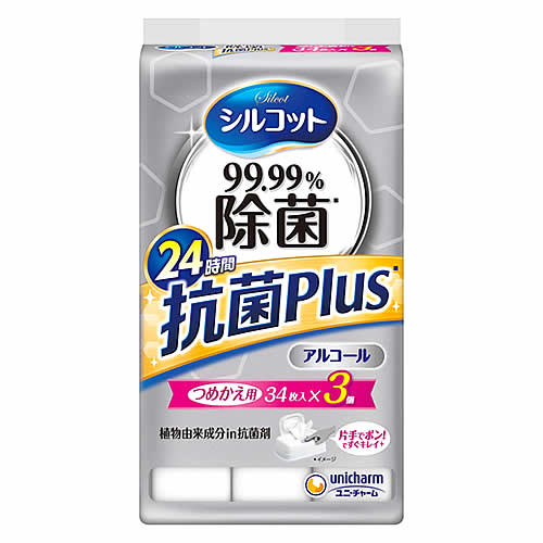 ユニチャーム シルコット 99.99% 除菌ウェットティッシュ 抗菌Plus つめかえ用 (34枚×3個)