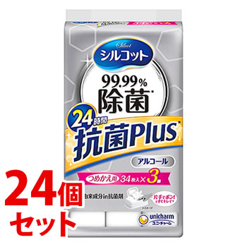 《セット販売》　ユニチャーム シルコット 99.99％ 除菌ウェットティッシュ 抗菌Plus つめかえ用 (34枚×3コ)×24個セット
