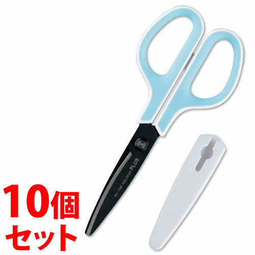 《セット販売》 プラス フィットカットカーブ フッ素コート ホワイトブルー はさみ SC-175SF (1個)×10個セット 事務用 ハサミ PLUS