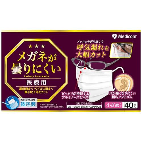 メディコムジャパン メガネが曇りにくいマスク 小さめサイズ ホワイト (40枚) 個別包装
