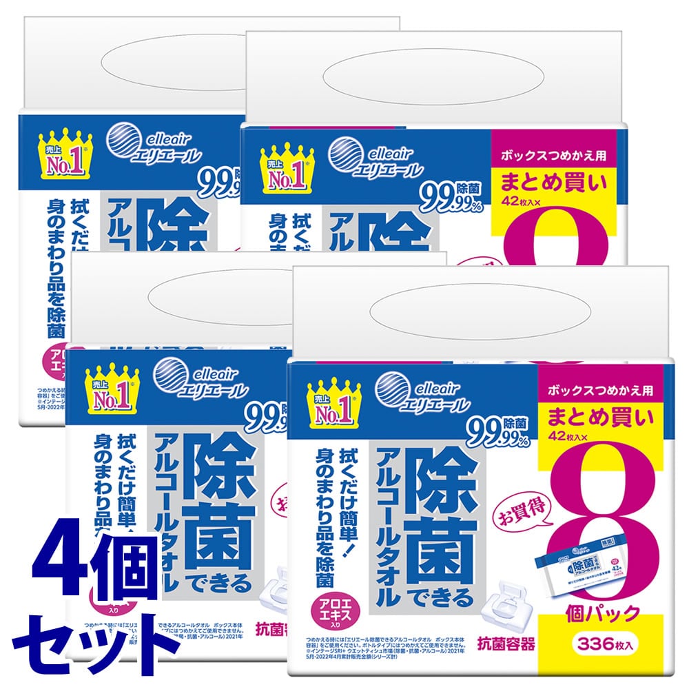 《セット販売》　大王製紙 エリエール 除菌できるアルコールタオル ボックス つめかえ用 (42枚×8個パック)×4個セット 詰め替え用 ウェットティッシュ